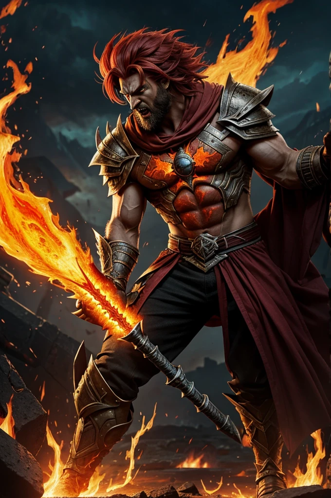 Rageon is the god of anger and wrath. He is tall and muscular, with fiery red hair and eyes that blaze like hot coals. His skin is the color of dark iron, and he wears armor that clinks with every step. Rageon wields a mighty hammer that can shatter mountains and cause earthquakes. He lives in a fortress surrounded by raging fires and molten lava. Rageon's roar can be heard during thunderstorms, and his fury can fuel the bravest warriors or drive armies into frenzied battles. He embodies the raw, destructive power of anger.