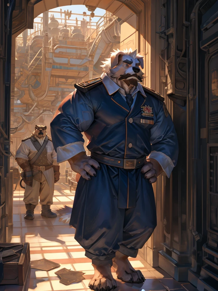 By Taran Fiddler, one man, anthro canine (maltese), adult male, bushy eyebrows, stern facial expression, grumpy, bushy mustache, slightly short stature, dilf, hands on his hips. standing in a hallway, wearing ship uniform, leaning against wall, oil rig, inside