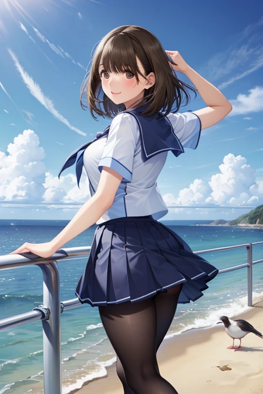 anegasaki nene、Shiny brown hair, short hair, Beautiful brown eyes、smile、Sparkling eyes, (Fine grain)、Ultra-detailed eyes、Highly detailed face, Highly detailed eyes,

Short-sleeved sailor suit、紺色のミニプリーツskirt、とても短いミニskirt、Bare thighs、(())

One girl, pantyhose, skirt,  bird, Outdoor, alone, , handrail, From behind, Day, Ocean, shoes, pleated skirt, null, black pantyhose,  Raise your arms,  Turn your back, loafers, Are standing, Seagull, blue null,  Seraphim, , Are standing on one leg, water, whole body, cloud, miniskirt, Beach, animal, horizon, sign, artist name, Day付付き
