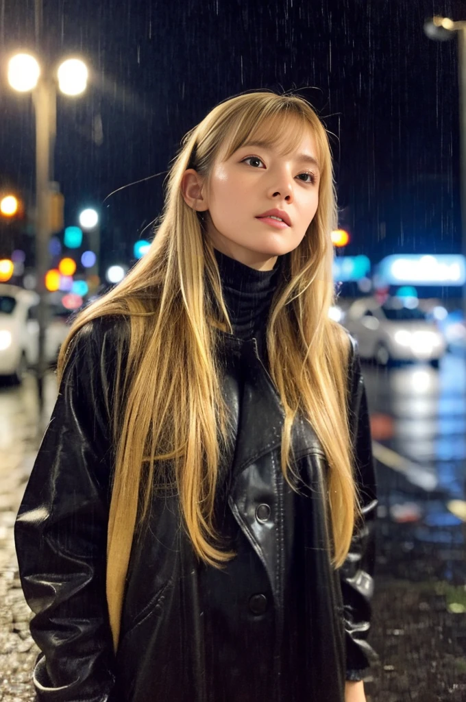 24year old beautiful girl、Half-Japanese beauty、Highest image quality、realistic、16K、beautiful woman、ベリーショートヘアー、ピクシーカット、blondes、blondes、With bangs、Pretty slim、heavy rain、While walking through the Beach in the rain、wet from heavy rain、In the middle of Shibuya、白のパーカー、leggings、Wet in the rain、Heavy Rain、My hair got wet in the heavy rain、In heavy rain、Look up at the sky、Shooting from the sky