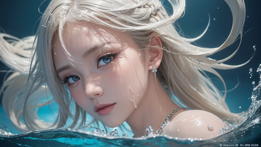 (Highest Quality Realistic Textured Skin),(terrible),(OK, round, Symmetrical eyes),Delicate facial features,(Burning bright cold eyes),(She has a mischievous smile),(Her face is kind and beautiful),Glass earrings in the ears,,(blonde),(Silvery white hair),(Chestnut Hair),(Swim at the bottom of the ocean),(Full body portrait:1.5),(Dramatic Photos:1.4),(Dramatic Pose),(Flashy photos)(look up),(Looking down),(Around her neck is a simple necklace made with exquisite craftsmanship.),Cluttered photos,(Hair flowing in water:1.5),(Underwater, Life at sea, 美しいCoral Reef, fish),(Background vortices and currents),(Dramatic Light),(Nice views),(美しいfishに囲まれて),遠くの背景にはCoral Reefに沈んだ寺院が見える,Coral Reef,Spectacular realism,Cinematic atmosphere,(High-density image review:1.5),(Soft colors:1.2),Very detailed,Dramatic Light,(Intricate details:1.1),Complex background,