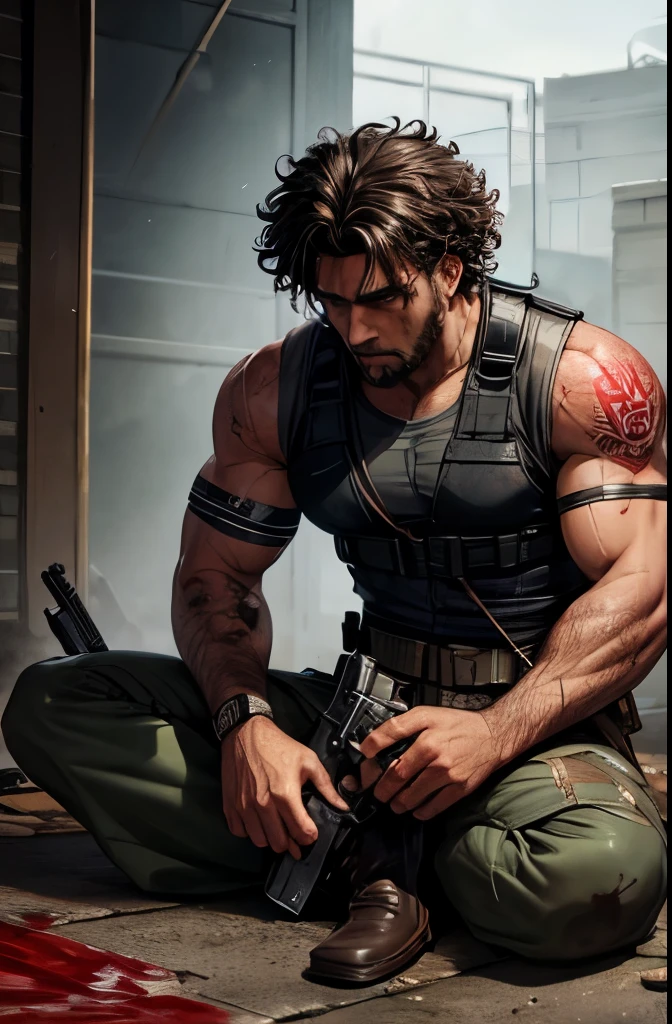 Male, curly hair, brown skin, muscular, survivor clothes, covered in blood, bloody, wounded. combat knife, gun holster, vest, manly, stubble high quality, gorey, sitting on the floor, against the wall. covered in blood, clear and clean, tattoos on arm, apocalypse, survivor, tactical gear, tattered clothes, wounds, medical bandages, handgun, rain, desolate town. lots of blood. draw the eyes properly.