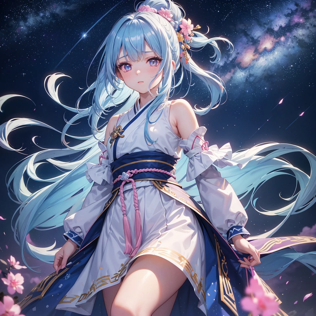 Sky blue hair, One braid(ponytail),(Pink Eyes),Fair skin ,(whole body),(One girl),Hanfu,Tanabata,(The beautiful, sparkling Milky Way in the night sky),Lonely Eyes,Straight bangs,(masterpiece, Highest quality, Very detailed, Best Shadow), (Detailed Background), (Beautifully detailed face), High Contrast, (Best lighting, Very delicate and beautiful), ((Cinematic Light)), colorful, Hyper Detail, Dramatic Light, Intricate details,