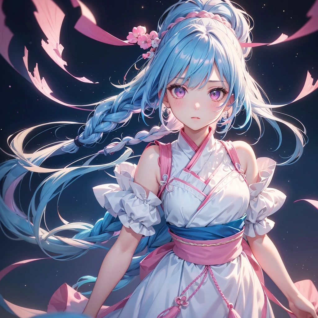 Sky blue hair, One braid(ponytail),(Pink Eyes),Fair skin ,(whole body),(One girl),Hanfu,Tanabata,(The beautiful, sparkling Milky Way in the night sky),Lonely Eyes,Straight bangs,(masterpiece, Highest quality, Very detailed, Best Shadow), (Detailed Background), (Beautifully detailed face), High Contrast, (Best lighting, Very delicate and beautiful), ((Cinematic Light)), colorful, Hyper Detail, Dramatic Light, Intricate details,