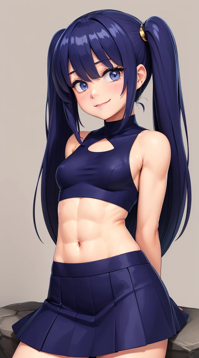  (masterpiece:1.3), (Best Quality:1.3), (Ultra-detailed:1.2), ((kawaii)), Cute, (lovely), ((sexy)), ((Extremely detailed)), 4K, (8K), Best Quality, (Beautiful), Illustration, anime style, (bold line:1.2), Gradation, looking at viewer, //, (bent down:1.1), (arms behind back), //, a cute girl, 1girl, (solo:1.2), gleaming skin, //, (flat chested), (Perfect eyes:1.2), (Perfect iris:1.2), //, darkblue hair color, (beautiful eyes) //, (half closed eyes:1.3), (sexual expression:1.2), Fascinated expression, smile, (blush:1.2), //, modern city background, sit on rock, sailor uniform with skirt, twin tails, muscle girl, hard abs