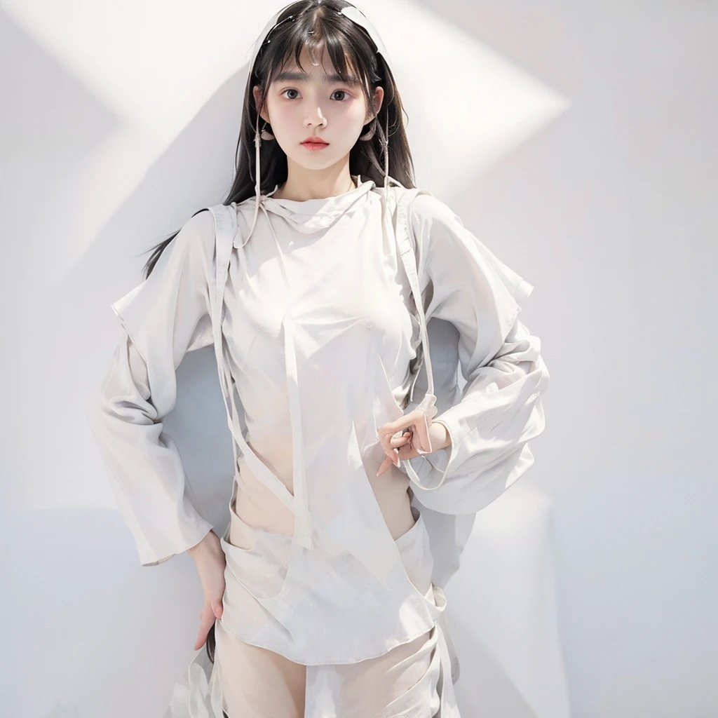 日本people、１people、The most beautiful woman、clear、Shiny black hair、Photo Style、length, bangs、light makeup、Standard face、(((Wearing a white Etchu loincloth)))、(((Very lightly dressed:2.0)))、(She is hiding her breasts by wrapping a cloth around her chest.)、Summer festival、(((Showing off your loincloth))), 32k, Raw photo、Highest quality