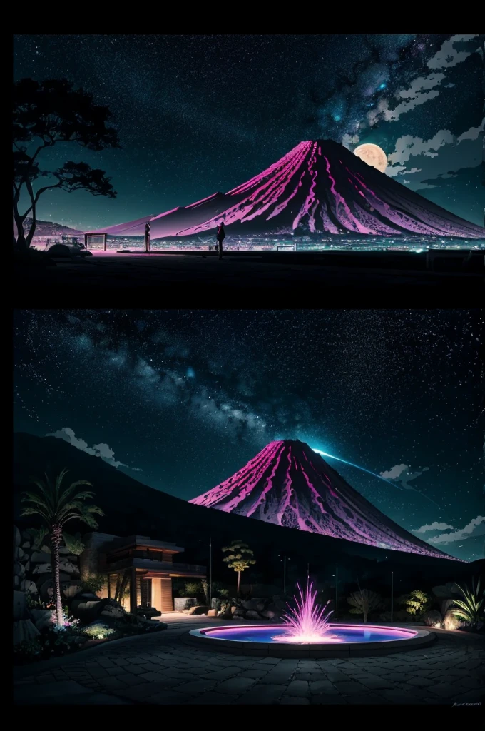 anime (best-quality:0.8), (best-quality:0.8), perfect anime illustration, we've been trying to reach you about your cars extended warranty, An illustration in collage style, with giant boulders, brutalist building sections, terraces, stairs, cacti, agave, concrete texture, multiple geometric shapes, hatch and cross hatching, planet saturn, volcano, moon, Luis Barragán's architectural style build, milky way galaxy, violet, one motorcycle, An illustration in collage style, with giant boulders, brutalist building sections, stairs, cacti, agave, concrete texture, multiple geometric shapes, hatch and cross hatching, planet saturn, volcano, moon, Luis Barragán's architectural style build, reflective pool, terraces. An elegant and modern build, in top of big boulders, with terraces, materials concrete, wood, steel and crystal, various gardens with tropical vegetation, cacti and rocks, stairs, a pool. In middle of sea, a big wave near, sunset, mountains and a volcano in the horizont, cute islands around, illustration format, cute color palette, detailed, masterpiece, award-winning work A 1999 Nissan GTR in Tron form r34 horizonte Lamborghini under a pink and purple sky, an anime drawing by Makoto Shinkai, trending on pixiv, magical realism, beautiful anime scene, cosmic skies. by makoto shinkai, ( ( makoto shinkai ) ), by makoto shinkai, anime background art, style of makoto shinkai
