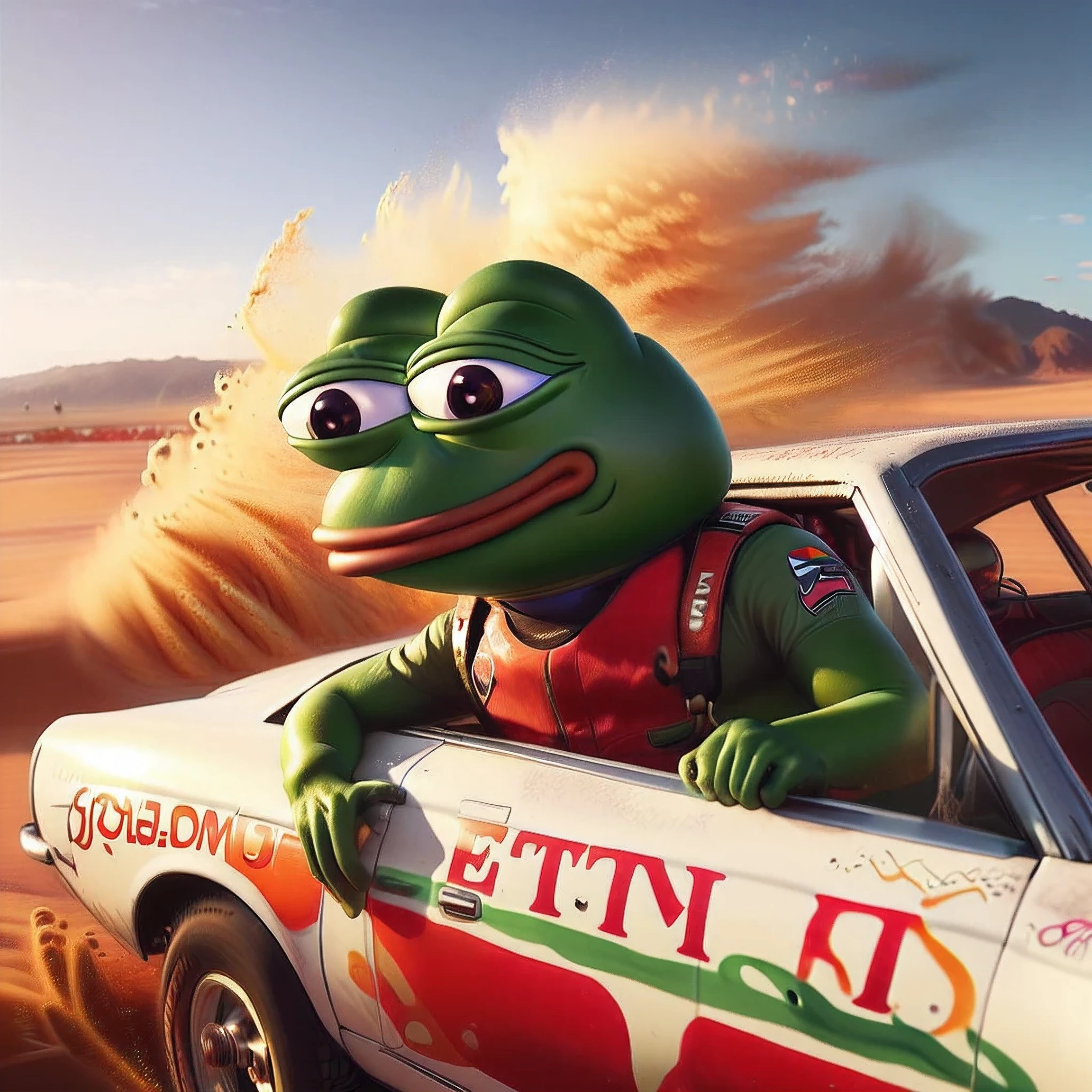 far distance camera angle, pepe the frog inside the car, race car, desert, big wave dust, highly detailed, 8k, realistic, volumetric lighting, cinematic composition, dynamic motion blur, dramatic shadows, vibrant colors, hyperrealistic