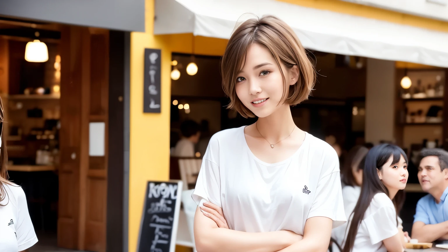super high quality, Short Hair, Slender, Gravure photoshoot, The staff is working at the counter in the back., (8K、RAW Photos、Highest quality、masterpiece:1.2), Japanese Idol, Stylish café, The cafe is crowded with people enjoying themselves., (Realistic、Photorealistic:1.37), Bob Hair, Mesh Hair, Urban Cafe, Golden Ratio, Raw photo, Cute face , Light Brown Hair, Small breasts, Bright cafe interior, Spring Clothes, Cafe Terrace, Open Cafe, A kind smile, Hair blowing in the wind, Neat clothes, boyish, T-Shirts, 18-year-old, younger sister, Stylish clothes,