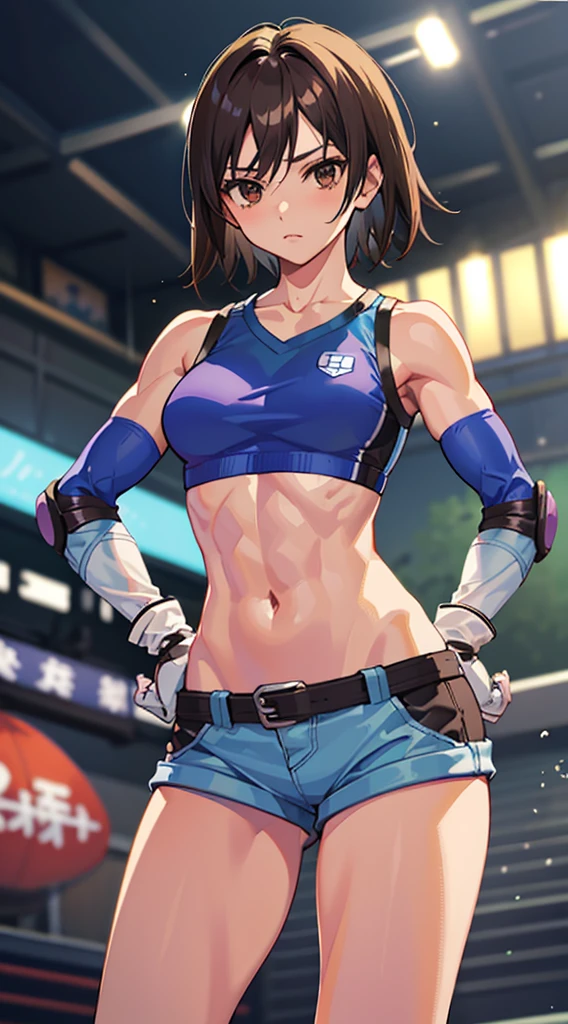 "(masterpiece、Premium Quality:1.2)、alone、1 Girl(Kazama Asuka、Muscular woman、Short brown hair、White skin、Brown eyes)、Cowboy Shot、Looking at the audience、Please put your hands on your hips、Tight clothing、Great for sports、Crop top、Shorts、(gloves:1.1)、internal、Elbow pads、abdomen、Trained abdominal muscles、Trained biceps、City of night