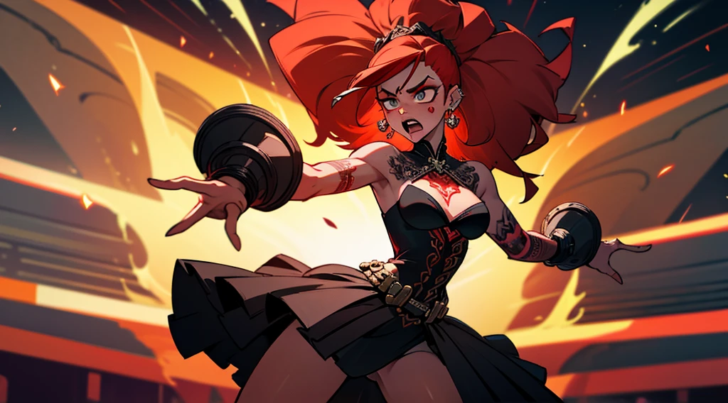 A fiercely passionate Heavy Metal vocalist, this strikingly beautiful Black woman exudes strength and rebellion as she performs on stage with her band. The imagery captures her fiery persona with vibrant red hair, piercing silver piercings, and intricate tattoos that tell a story of resistance. The image is a digitally-enhanced photograph, showcasing her raw energy and empowering presence. Every detail, from the intricate costume to the intense expression on her face, is meticulously rendered in high definition, drawing viewers into the intense performance of a song of social revolution.