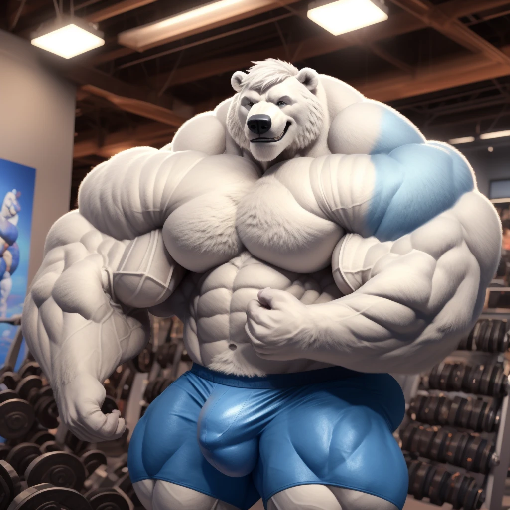 solo, 1boy, perfect anatomy, (furry white bears, polar bear) perfect proportion, snow, grin, big eyes, wide chest, bulky, bulk, bulge, happy. Huge Muscular Old man with short hair flexing his huge body,(white shorts), view from side, pectoral, thick arms, huge pectoral, wide pectoral, white hair, white beards, gym background, masterpiece, semirealistic:1.2, high detailed, 8k, high resolution, perfect center, full view. ((really big muscle, massive muscular, sixpack, thick arms, wide pectoral, super huge muscle, hyper muscular, over sized muscle, huge arms, big arms, huge pectoral))