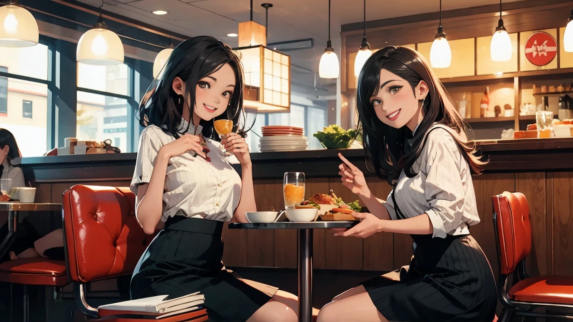 Three women eating in a retro restaurant, smiling happily, wearing long skirts, modest clothing, popular clothing for women, no crotch spread