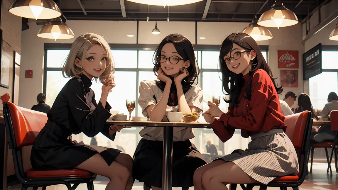 Three women eating in a retro restaurant, smiling happily, wearing long skirts, modest clothing, popular clothing for women, no crotch spread