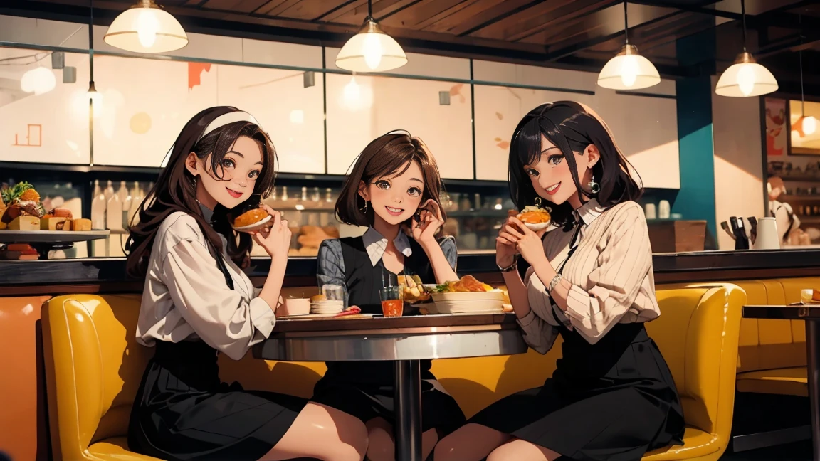 Three women eating in a retro restaurant, smiling happily, wearing long skirts, modest clothing, popular clothing for women, no crotch spread