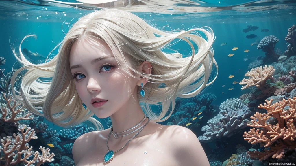(Highest Quality Realistic Textured Skin),(terrible),(OK, round, Symmetrical eyes),Delicate facial features,(Burning bright cold eyes),(She has a mischievous smile),(Her face is kind and beautiful),Glass earrings in the ears,,(blonde),(Silvery white hair),(Chestnut Hair),(Swim at the bottom of the ocean),(Full body portrait:1.5),(Dramatic Photos:1.4),(Dramatic Pose),(Flashy photos)(look up),(Looking down),(Around her neck is a simple necklace made with exquisite craftsmanship.),Cluttered photos,(Hair flowing in water:1.5),(Underwater, Life at sea, 美しいCoral Reef, fish),(Background vortices and currents),(Dramatic Light),(Nice views),(美しいfishに囲まれて),遠くの背景にはCoral Reefに沈んだ寺院が見える,Coral Reef,Spectacular realism,Cinematic atmosphere,(High-density image review:1.5),(Soft colors:1.2),Very detailed,Dramatic Light,(Intricate details:1.1),Complex background,