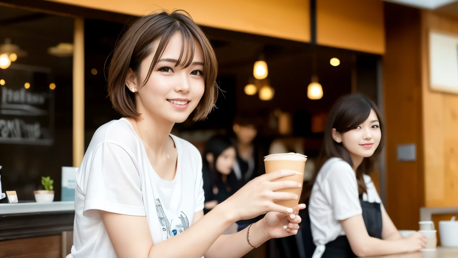 super high quality, Short Hair, Slender, Gravure photoshoot, The staff is working at the counter in the back., (8K、RAW Photos、Highest quality、masterpiece:1.2), Japanese Idol, Stylish café, The cafe is crowded with people enjoying themselves., (Realistic、Photorealistic:1.37), Bob Hair, Mesh Hair, Urban Cafe, Golden Ratio, Raw photo, Cute face , Light Brown Hair, Small breasts, Bright cafe interior, Spring Clothes, Cafe Terrace, Open Cafe, A kind smile, Hair blowing in the wind, Neat clothes, boyish, T-Shirts, 18-year-old, younger sister, Stylish clothes, 
