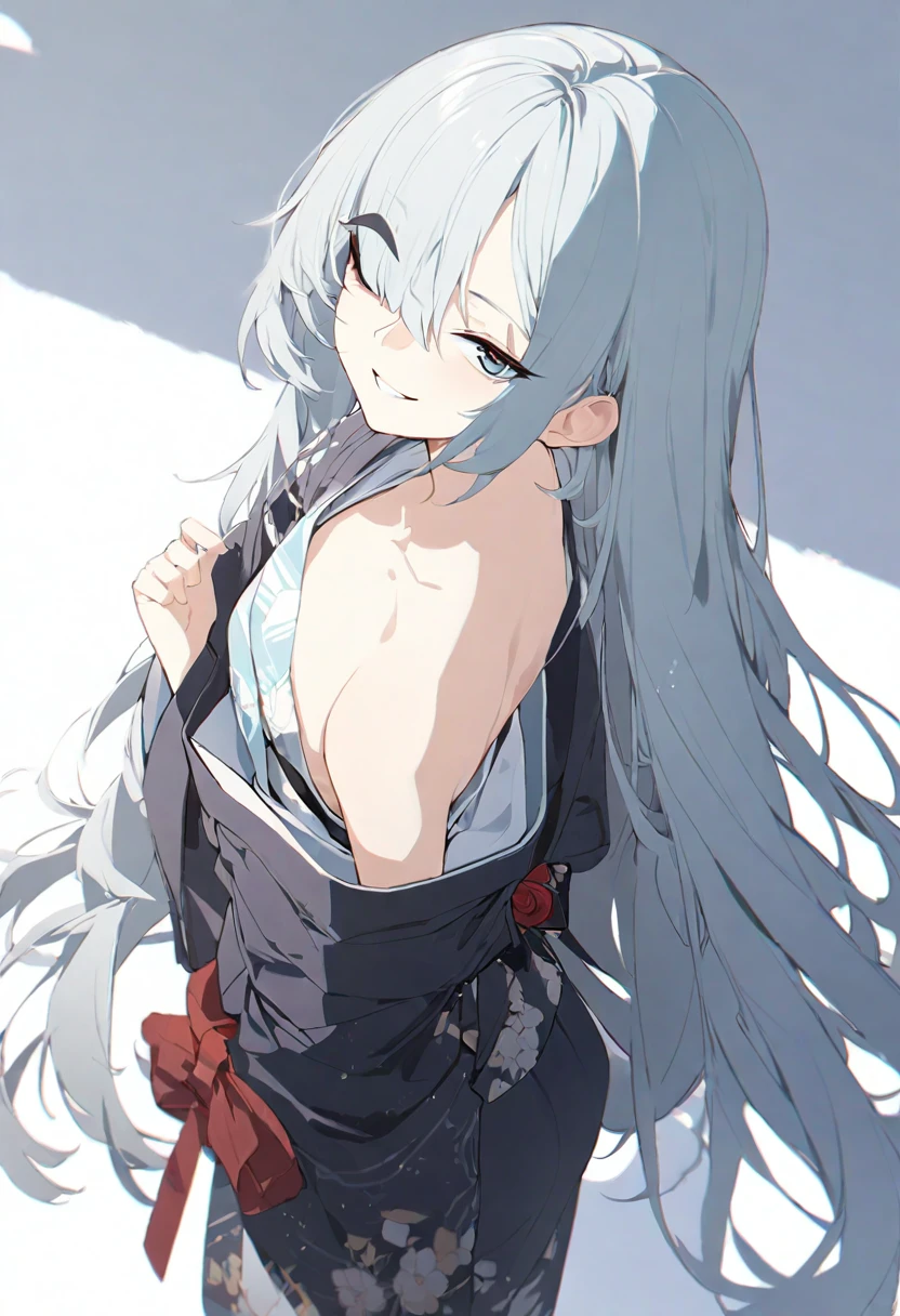 (muste piece), (best quality), very detailed eyes, expressive eyes, perfect face, very detailed face, highly detailed face, beautiful girl, 8K, beautiful girl, white background, delicate and beautiful face and eyes, dark intense shadow, 
1 girl, vtuber style, cool girl, girls frontline style, girls frontline, g11, long hair, kimono, small chest, clavicle, one eye close winking, smile, (whole body), standing, from back, looking back, sunrsing, 