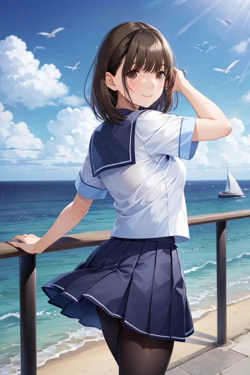 anegasaki nene、Shiny brown hair, short hair, Beautiful brown eyes、smile、Sparkling eyes, (Fine grain)、Ultra-detailed eyes、Highly detailed face, Highly detailed eyes,

Short-sleeved sailor suit、紺色のミニプリーツskirt、とても短いミニskirt、Bare thighs、(())

One girl, pantyhose, skirt,  bird, Outdoor, alone, , handrail, From behind, Day, Ocean, shoes, pleated skirt, null, black pantyhose,  Raise your arms,  Turn your back, loafers, Are standing, Seagull, blue null,  Seraphim, , Are standing on one leg, water, whole body, cloud, miniskirt, Beach, animal, horizon, sign, artist name, Day付付き
