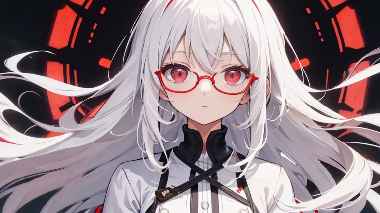 Super delicate white-haired cute girl 1 girl, Small Breasts, Long hair, curls, Red Eye, Wearing glasses , Researcher ,medicament