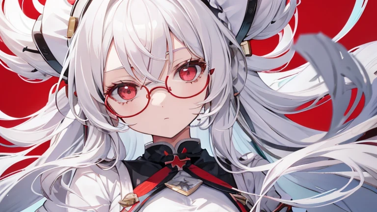 Super delicate white-haired cute girl 1 girl, Small Breasts, Long hair, curls, Red Eye, Wearing glasses , Researcher ,medicament