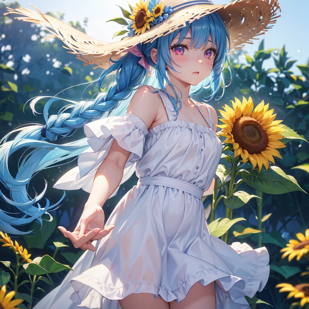 Sky blue hair, 1 piece(Braided Ponytail),(Pink Eyes),Fair skin ,(whole body),(One girl),summer,Sunflower field,White dress,Straight bangs,Wiping away sweat,Wink,Straw hat,(masterpiece, Highest quality, Very detailed, Best Shadow), (Detailed Background), (Beautifully detailed face), High Contrast, (Best lighting, Very delicate and beautiful), ((Cinematic Light)), colorful, Hyper Detail, Dramatic Light, Intricate details,summerの暑い日差し,