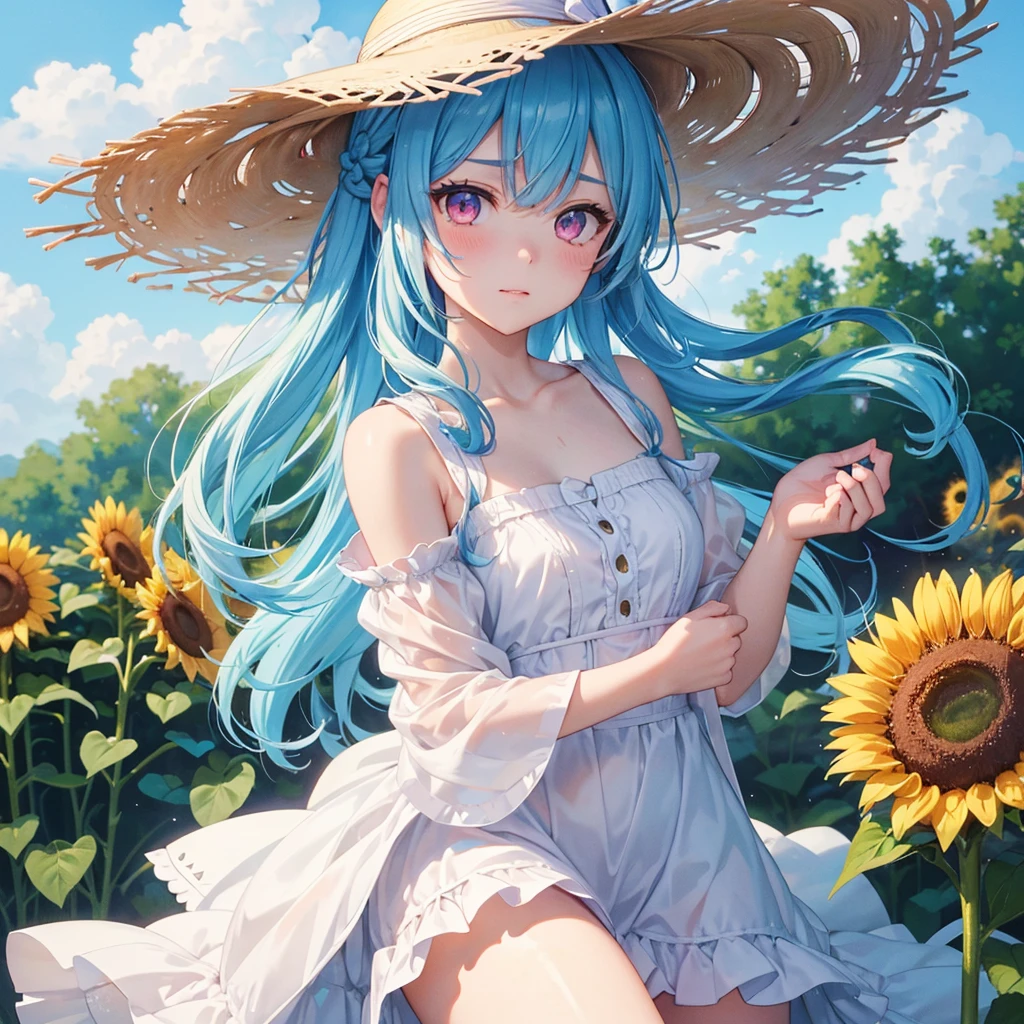 Sky blue hair, 1 piece(Braided Ponytail),(Pink Eyes),Fair skin ,(whole body),(One girl),summer,Sunflower field,White dress,Straight bangs,Wiping away sweat,Wink,Straw hat,(masterpiece, Highest quality, Very detailed, Best Shadow), (Detailed Background), (Beautifully detailed face), High Contrast, (Best lighting, Very delicate and beautiful), ((Cinematic Light)), colorful, Hyper Detail, Dramatic Light, Intricate details,summerの暑い日差し,