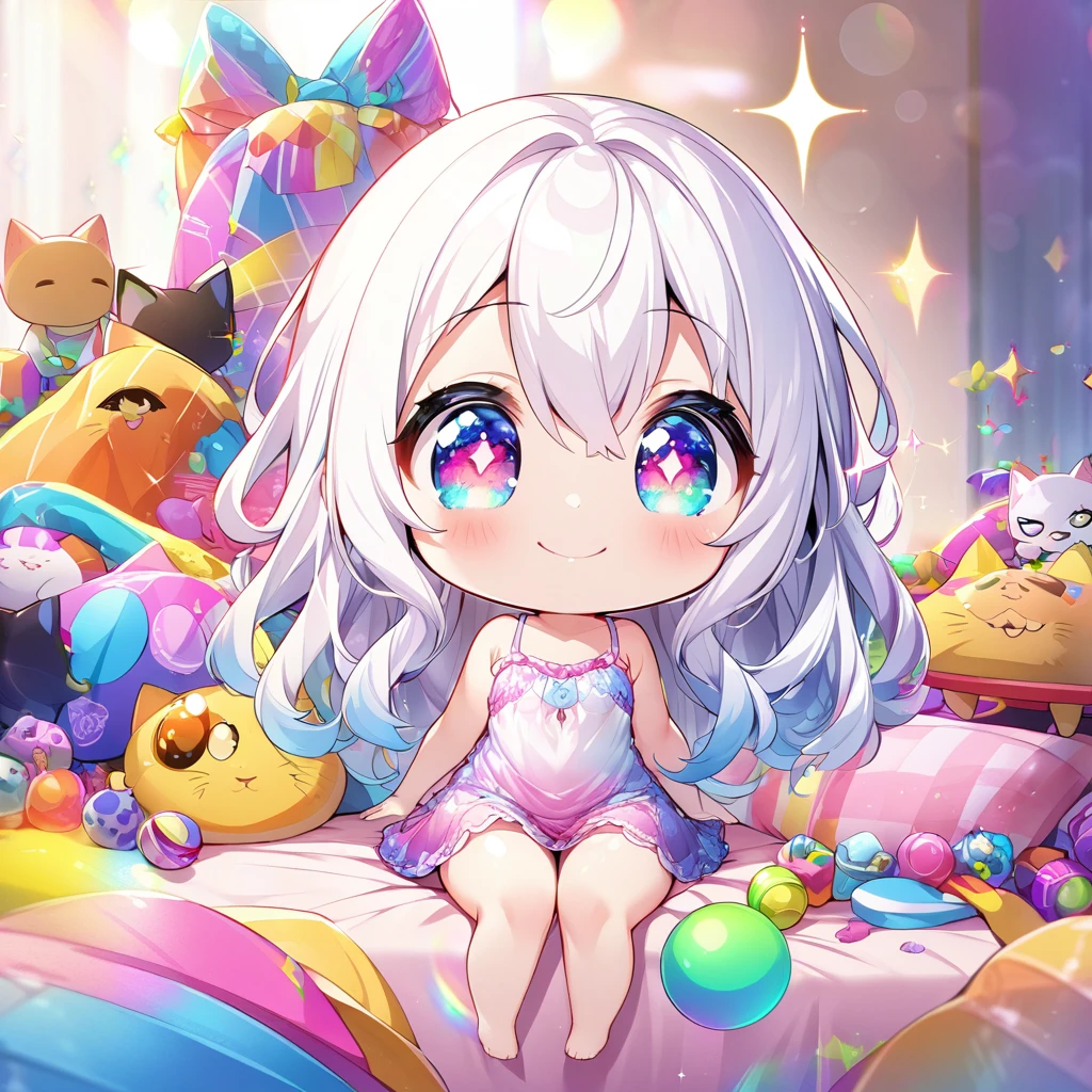 masterpiece, best quality, 4k、2D illustration、one beautiful girl、solo、(((chibi style)))、((vivid colors))、cute chibi、lovely chibi、long beautiful hair, glossy white hair, hair between eyes, cute、beautifully detailed eyes、((camisole dresiniskirt))、((colorful))、((happy smile))、sitting on bed、((full body shot))、((kitten)), ((lots of colorful stuff around))、((bed))、sparkle、((lens flare))、
