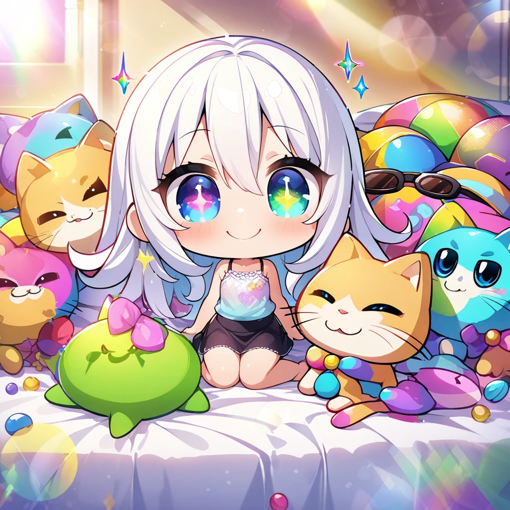 masterpiece, best quality, 4k、2D illustration、one beautiful girl、solo、(((chibi style)))、((vivid colors))、cute chibi、lovely chibi、long beautiful hair, glossy white hair, hair between eyes, cute、beautifully detailed eyes、((camisole dresiniskirt))、((colorful))、((happy smile))、sitting on bed、((full body shot))、((kitten)), ((lots of colorful stuff around))、((bed))、sparkle、((lens flare))、