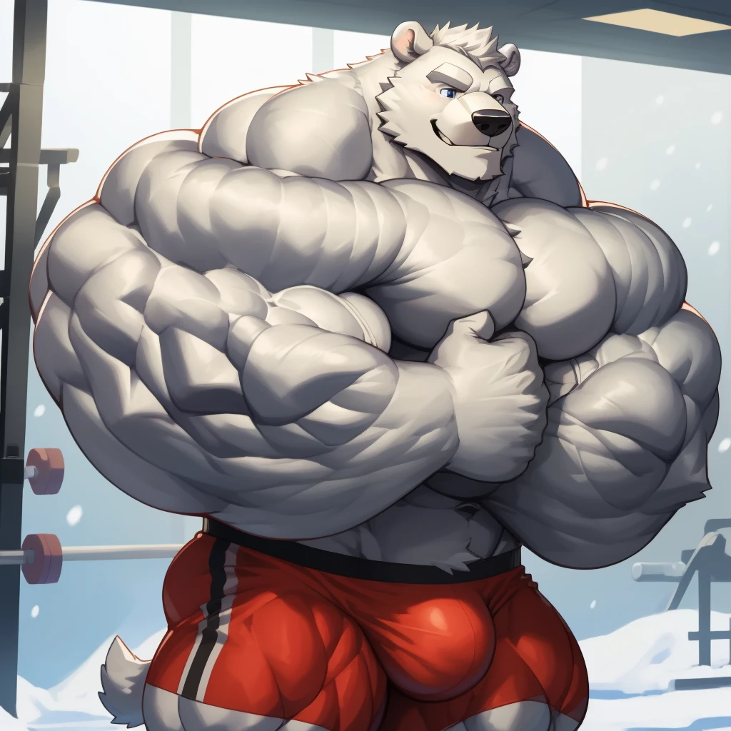 solo, 1boy, perfect anatomy, (furry white bears, polar bear) perfect proportion, snow, grin, big eyes, wide chest, bulky, bulk, bulge, happy. Huge Muscular Old man with short hair flexing his huge body,(white shorts), view from side, pectoral, thick arms, huge pectoral, wide pectoral, white hair, white beards, gym background, masterpiece, semirealistic:1.2, high detailed, 8k, high resolution, perfect center, full view. ((really big muscle, massive muscular, sixpack, thick arms, wide pectoral, super huge muscle, hyper muscular, over sized muscle, huge arms, big arms, huge pectoral))