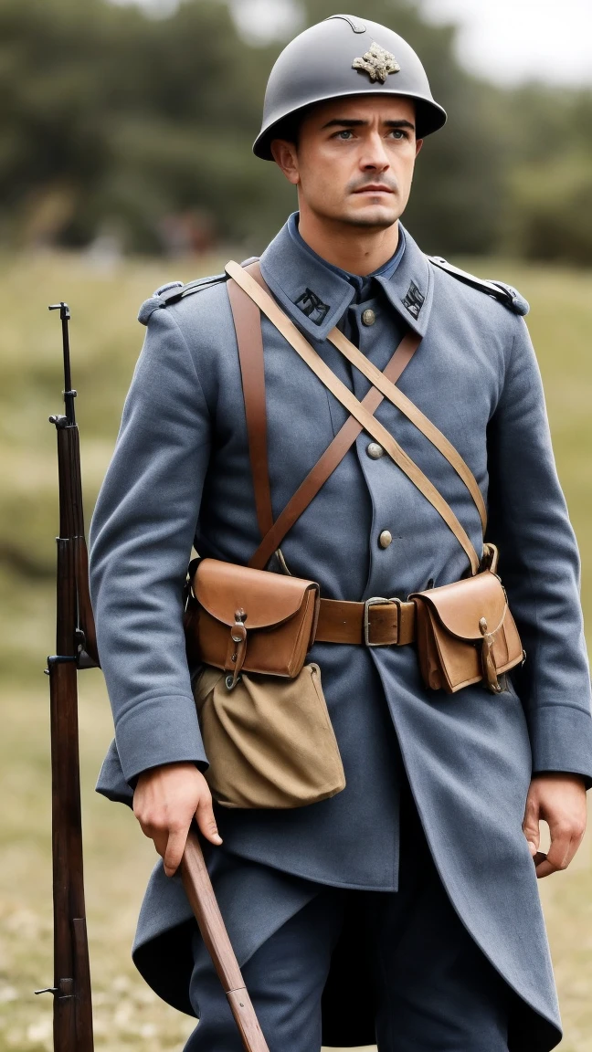 (masterpiece), best quality, expressive eyes, perfect face, All quiet on western Front, man, trenches, dirty, uniform, realistic, HD, Rifle, Orlando Bloom, big bag, French army, regiment, France, defending position, pov, Far view