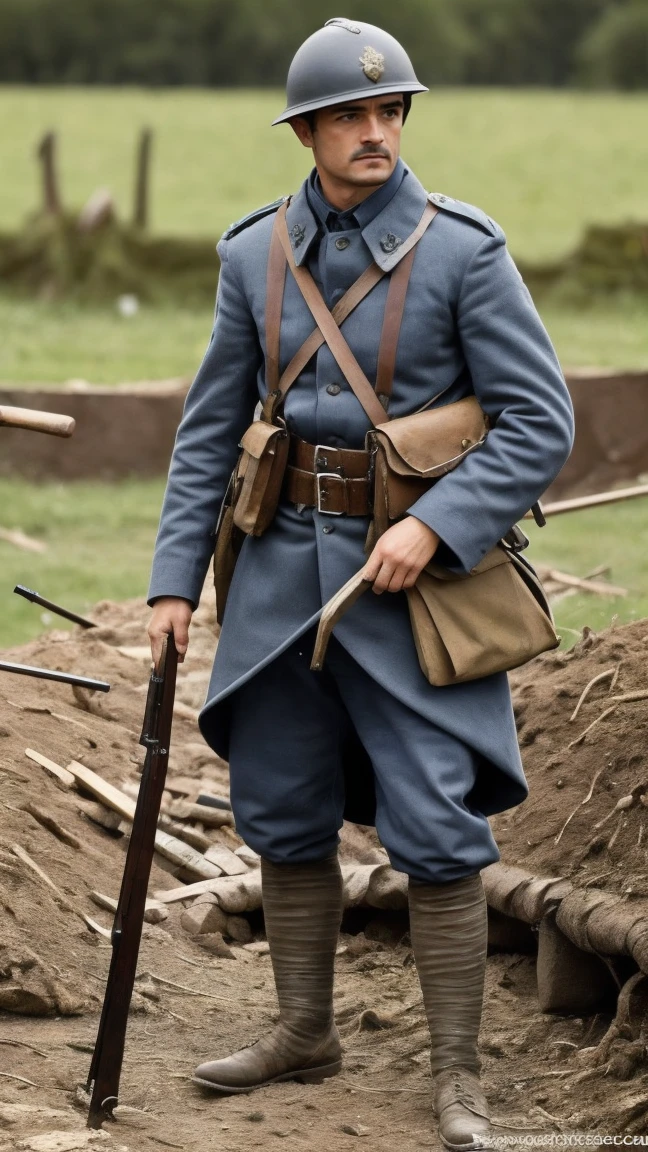 (masterpiece), best quality, expressive eyes, perfect face, All quiet on western Front, man, trenches, dirty, uniform, realistic, HD, Rifle, Orlando Bloom, big bag, French army, regiment, France, defending position, pov, Far view