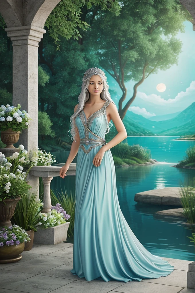 Serenara is the goddess of calm and peace. She has long, silver hair and wears a flowing blue gown that seems to ripple like a still lake. Her eyes are soft and soothing, like the gentle waves of a quiet sea. Serenara holds a delicate harp made of silver and moonlight, and when she plays, her music washes over the land, bringing tranquility to all who hear it. She lives in a serene garden where the air is always cool and the flowers bloom year-round. Serenara’s presence is a balm to the soul, easing worries and calming storms of the heart.