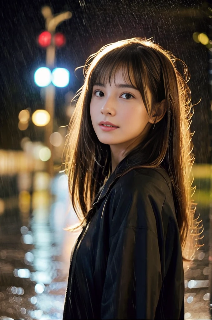 24year old beautiful girl、Half-Japanese beauty、Highest image quality、realistic、16K、beautiful woman、long hair、With bangs、Pretty slim、heavy rain、While walking through the Beach in the rain、wet from heavy rain、In the middle of Shibuya、大きめの胸、ネイビーのスーツ、雨で濡れて、Heavy Rain、My hair got wet in the heavy rain、激しい雨の中