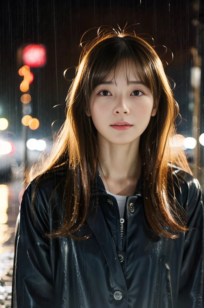 24year old beautiful girl、Half-Japanese beauty、Highest image quality、realistic、16K、beautiful woman、long hair、With bangs、Pretty slim、heavy rain、While walking through the Beach in the rain、wet from heavy rain、In the middle of Shibuya、大きめの胸、ネイビーのスーツ、雨で濡れて、Heavy Rain、My hair got wet in the heavy rain、激しい雨の中