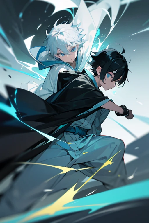 A boy of about with black hair, cyan and yellow heterochromatic eyes, light coming from his eyes, wearing a black hoodie, and a samurai of about 14 years olr hair and a blue kimono. They are both wrapped in lightning. They are charging at each other. A sense of speed.