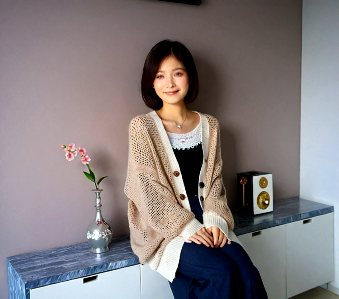 Beautiful Korean Woman , 32 inch chest size, Your eyes are big and pretty. Wearing a high-end luxury brand cardigan, casual beige pants, short medium hair, Smile, uhd