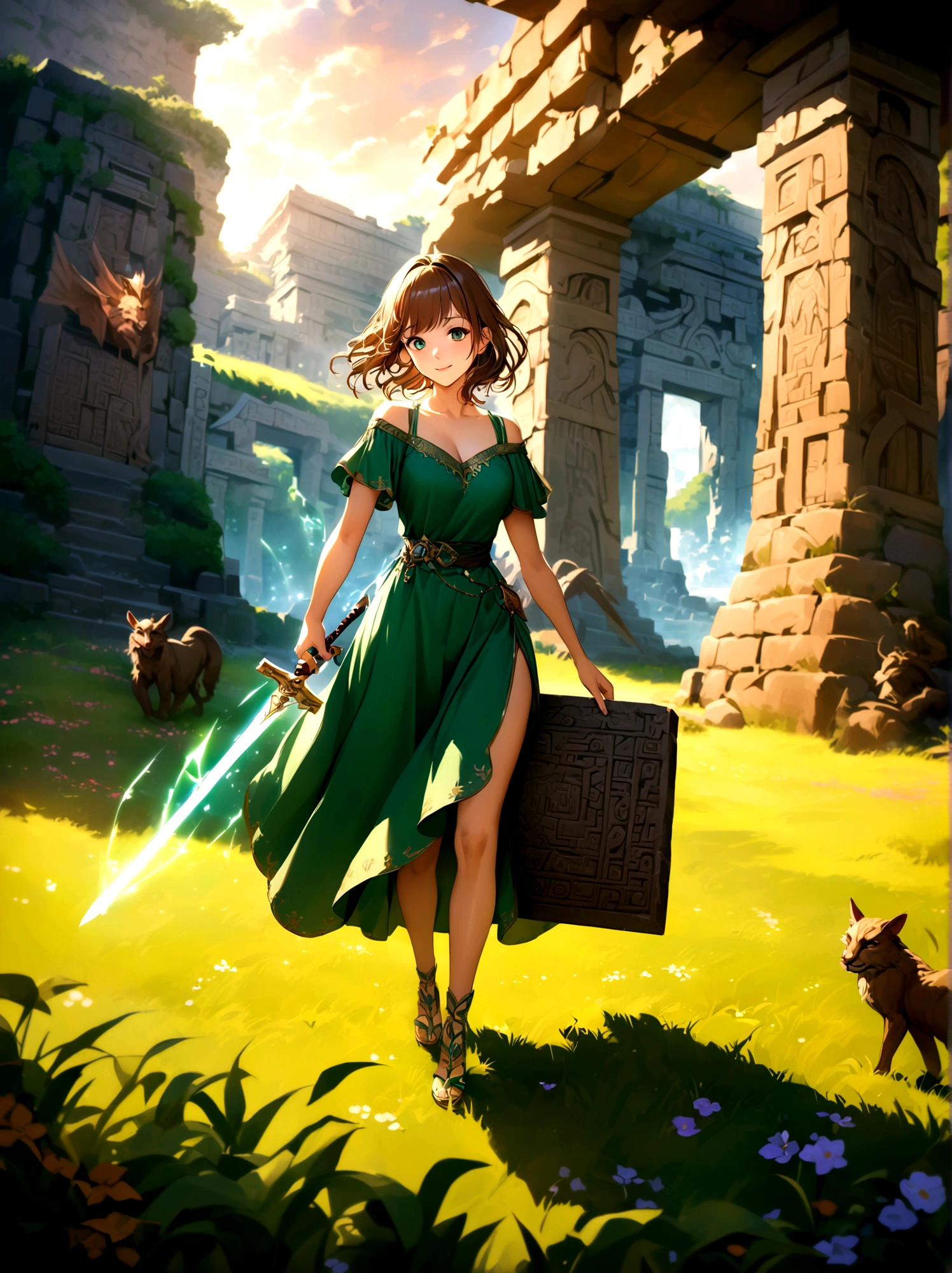 Adventurer princess, (green dress:1.2), short brown hair, big eyes, smiling, holding sword and shield, ancient temple, mysterious maze, mysterious runes, old stone tablet, green grass, (flowers:1.1), magical elements, flying dragon, mysterious creatures, charming scenery, dynamic battle, dreamy atmosphere, outdoor, rich colors, epic scene, fine and delicate light and shadow, evening, sunny, full body, from above, nice hands, perfect hands, 8k, Best quality, photorealistic