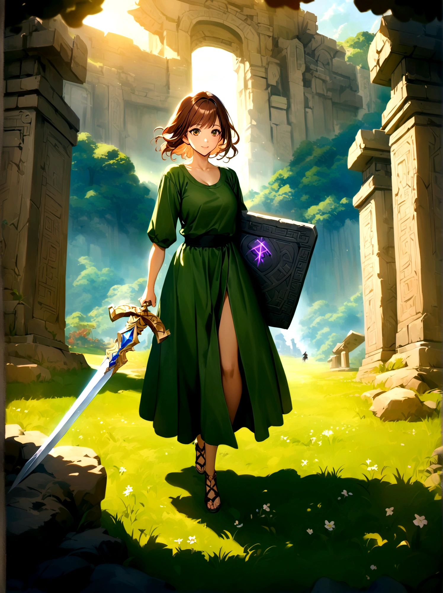 Adventurer princess, (green dress:1.2), short brown hair, big eyes, smiling, holding sword and shield, ancient temple, mysterious maze, mysterious runes, old stone tablet, green grass, (flowers:1.1), magical elements, flying dragon, mysterious creatures, charming scenery, dynamic battle, dreamy atmosphere, outdoor, rich colors, epic scene, fine and delicate light and shadow, evening, sunny, full body, from above, nice hands, perfect hands, 8k, Best quality, photorealistic