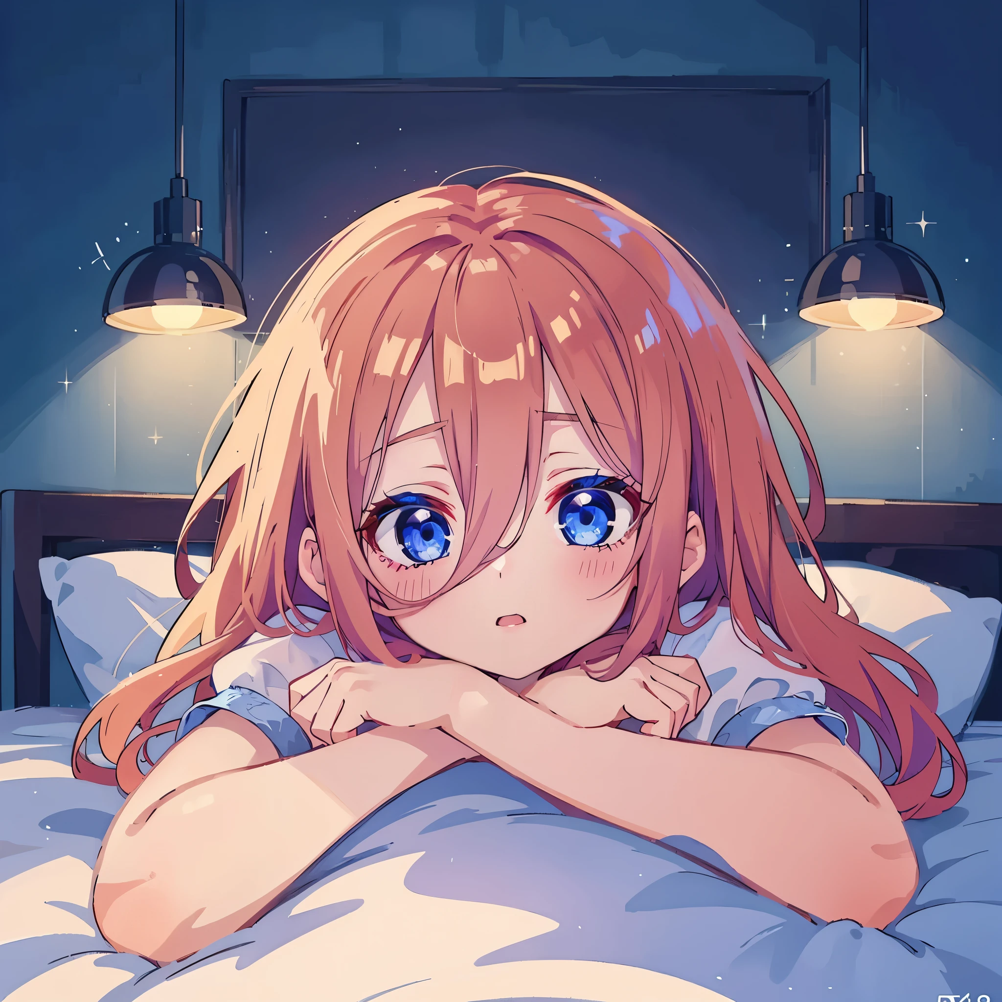 Beautiful cute girl, cute dress, extreme detail, high ray tracing, 8k, 4k, highest resolution, photography, high detailed lighting, perfect face, bedroom, miku nakano, laying on bed, fluffy red brown hair, hair across face, blue eyes, blue headphones