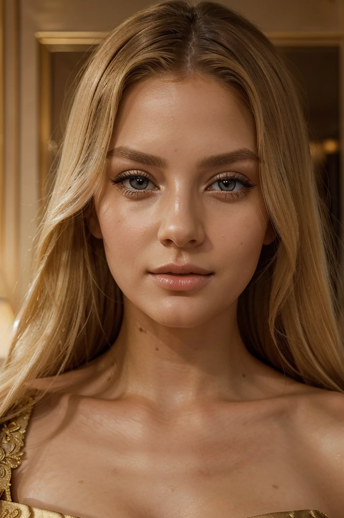 a beautiful blonde woman taking a selfie, elegant pose, golden hour lighting, warm tones, glowing skin, detailed facial features, long eyelashes, full lips, natural makeup, flowing hair, soft shadows, shallow depth of field, high quality digital art, realistic, detailed, we can see her arm taking the picture