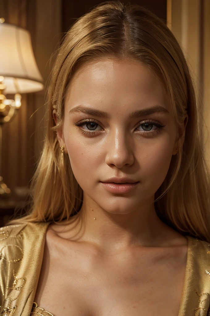 a beautiful blonde girl in a golden bathrobe in a luxury hotel, detailed beautiful eyes, detailed beautiful lips, extremely detailed face, long eyelashes, elegant pose, photorealistic, 8k, high quality, masterpiece, intricate details, warm lighting, atmospheric, cinematic, dramatic, elegant, glamorous