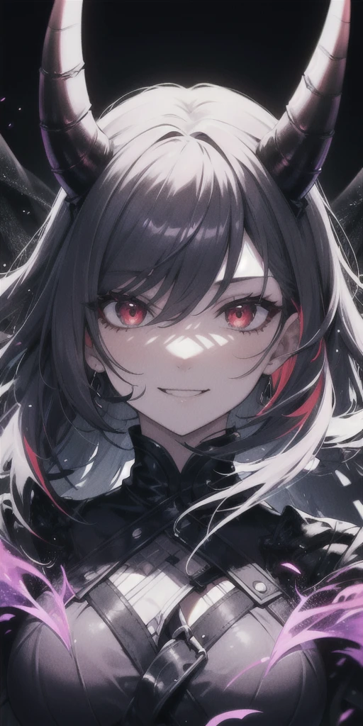 tag: 1girl, solo, ((extremely detailed cg unity 8k wallpaper)), masterpiece, best quality, ((ultra-detailed)), best shadow, multicolored background, illustration, (beautiful detailed face), floating hair, dynamic angle, high contrast, best illumination, an extremely delicate and beautiful, (hyper detail), (Beautiful face:1.2), (smile:1.0), gothic, knight armor, monochrome, veil on face, creepy smile, sadistic smile, demonic red eyes, oni horns, dynamic pose