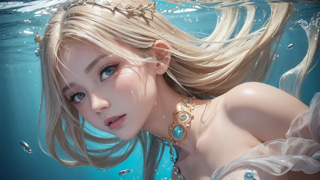 (Highest Quality Realistic Textured Skin),(terrible),(OK, round, Symmetrical eyes),Delicate facial features,(Burning bright cold eyes),(She has a mischievous smile),(Her face is kind and beautiful),Glass earrings in the ears,,(blonde),(Silvery white hair),(Chestnut Hair),(Swim at the bottom of the ocean),(Full body portrait:1.5),(Dramatic Photos:1.4),(Dramatic Pose),(Flashy photos)(look up),(Looking down),(Around her neck is a simple necklace made with exquisite craftsmanship.),Cluttered photos,(Hair flowing in water:1.5),(Underwater, Life at sea, 美しいCoral Reef, fish),(Background vortices and currents),(Dramatic Light),(Nice views),(美しいfishに囲まれて),遠くの背景にはCoral Reefに沈んだ寺院が見える,Coral Reef,Spectacular realism,Cinematic atmosphere,(High-density image review:1.5),(Soft colors:1.2),Very detailed,Dramatic Light,(Intricate details:1.1),Complex background,