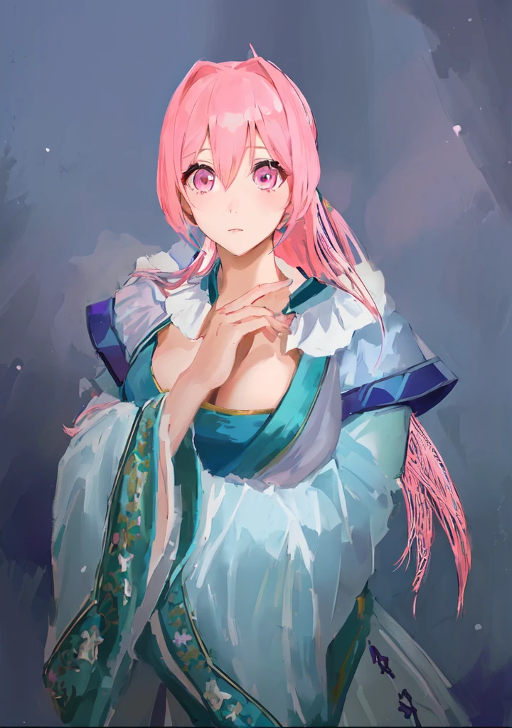Pink Hair、Anime girl in blue dress poses for photo, Pink ponytail hair and pink eyes, Produced in collaboration with Anime Painter Studio, In the anime painter studio, Portrait of the Knights of the Zodiac, Sonison,超级Sonison,Celluloid