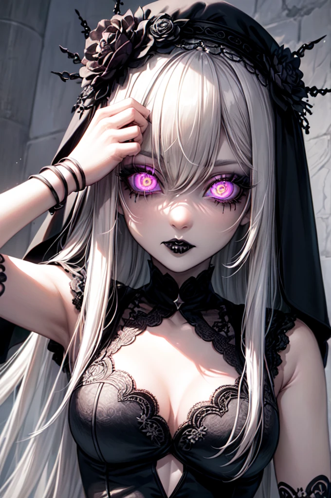 ((ultra-detailed)), ((illustration)), (beautiful detailed eyes), beautiful, amazing, detailed eyes, (((masterpiece))), (realistic:0.5), best quality, female, solo_focus, ,insanevoid, glowing eyes, extra eyes, horror \(theme\),doll joints, ((lifeless eyes)), ((goth nun)), ((gothic, emo)), ((crazy eyes)), (insane:1.3), ((jointed doll)), ((pale white skin)), ((goth makeup)), ((straight posture)), ((goth flower crown)), (spikes), (rosaria from genshin impact), ((straight black hair)), ((black veil)), ((doll eyes)), (close up)