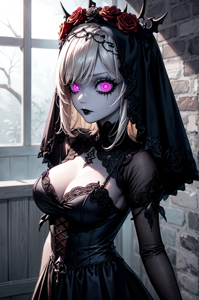 ((ultra-detailed)), ((illustration)), (beautiful detailed eyes), beautiful, amazing, detailed eyes, (((masterpiece))), (realistic:0.5), best quality, female, solo_focus, ,insanevoid, glowing eyes, extra eyes, horror \(theme\),doll joints, ((lifeless eyes)), ((goth nun)), ((gothic, emo)), ((crazy eyes)), (insane:1.3), ((jointed doll)), ((pale white skin)), ((goth makeup)), ((straight posture)), ((goth flower crown)), (spikes), (rosaria from genshin impact), ((straight black hair)), ((black veil)), ((doll eyes)), (close up)