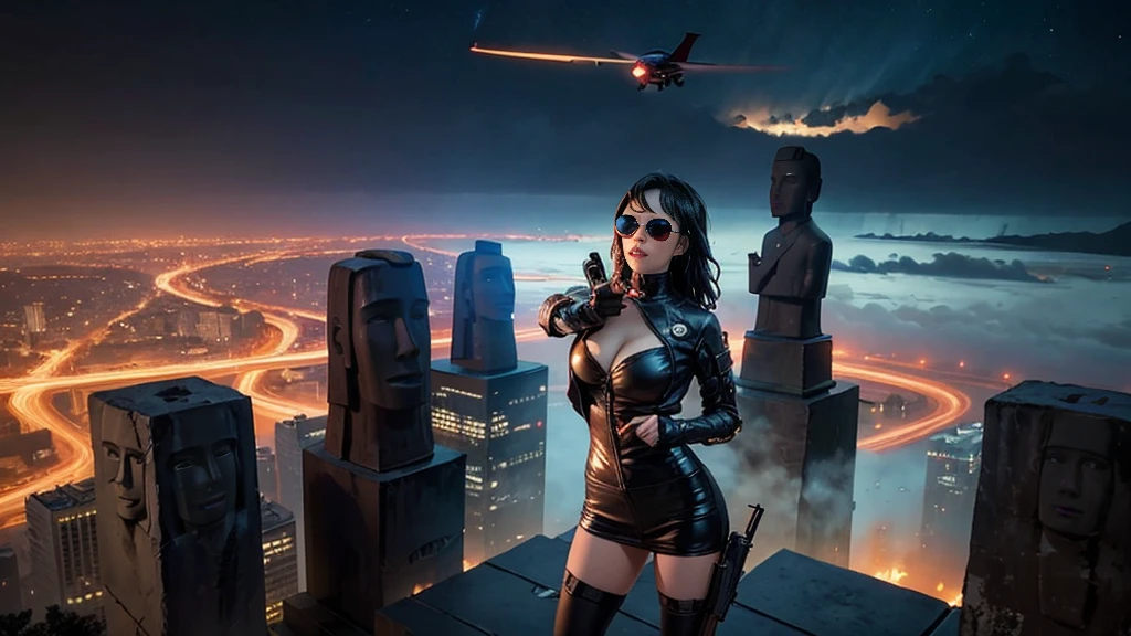 At night, dark sky, aerial view of fantasy cyberpunk style Moai-statue city, ((flying vehicle)). ((1girl, solo, alone)), photo realistic, medium-breast:1.1 slim body, cleavage, sexy clothes, (black sunglasses), (((hip-up standing and pistol aiming pose))), half-body thigh level medium shot, cinematic lighting.