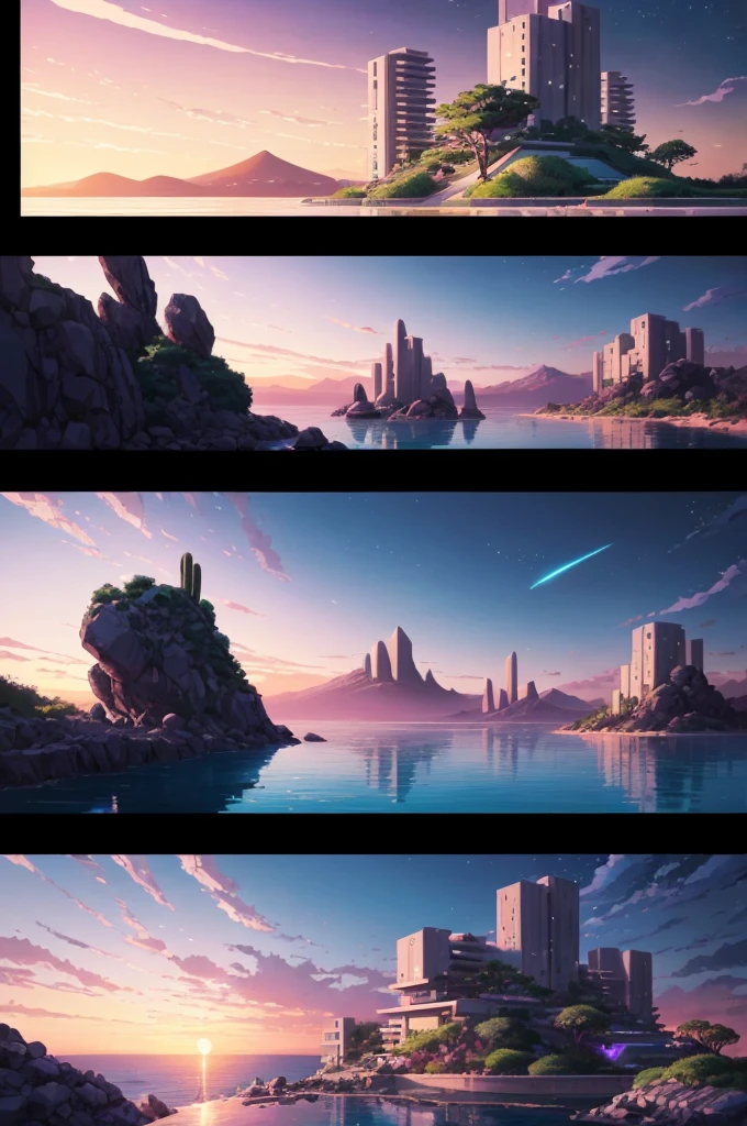 anime (best-quality:0.8), (best-quality:0.8), perfect anime illustration, we've been trying to reach you about your cars extended warranty, An illustration in collage style, with giant boulders, brutalist building sections, terraces, stairs, cacti, agave, concrete texture, multiple geometric shapes, hatch and cross hatching, planet saturn, volcano, moon, Luis Barragán's architectural style build, milky way galaxy, violet, one motorcycle, An illustration in collage style, with giant boulders, brutalist building sections, stairs, cacti, agave, concrete texture, multiple geometric shapes, hatch and cross hatching, planet saturn, volcano, moon, Luis Barragán's architectural style build, reflective pool, terraces. An elegant and modern build, in top of big boulders, with terraces, materials concrete, wood, steel and crystal, various gardens with tropical vegetation, cacti and rocks, stairs, a pool. In middle of sea, a big wave near, sunset, mountains and a volcano in the horizont, cute islands around, illustration format, cute color palette, detailed, masterpiece, award-winning work A 1999 Nissan GTR in Tron form r34 horizonte Lamborghini under a pink and purple sky, an anime drawing by Makoto Shinkai, trending on pixiv, magical realism, beautiful anime scene, cosmic skies. by makoto shinkai, ( ( makoto shinkai ) ), by makoto shinkai, anime background art, style of makoto shinkai