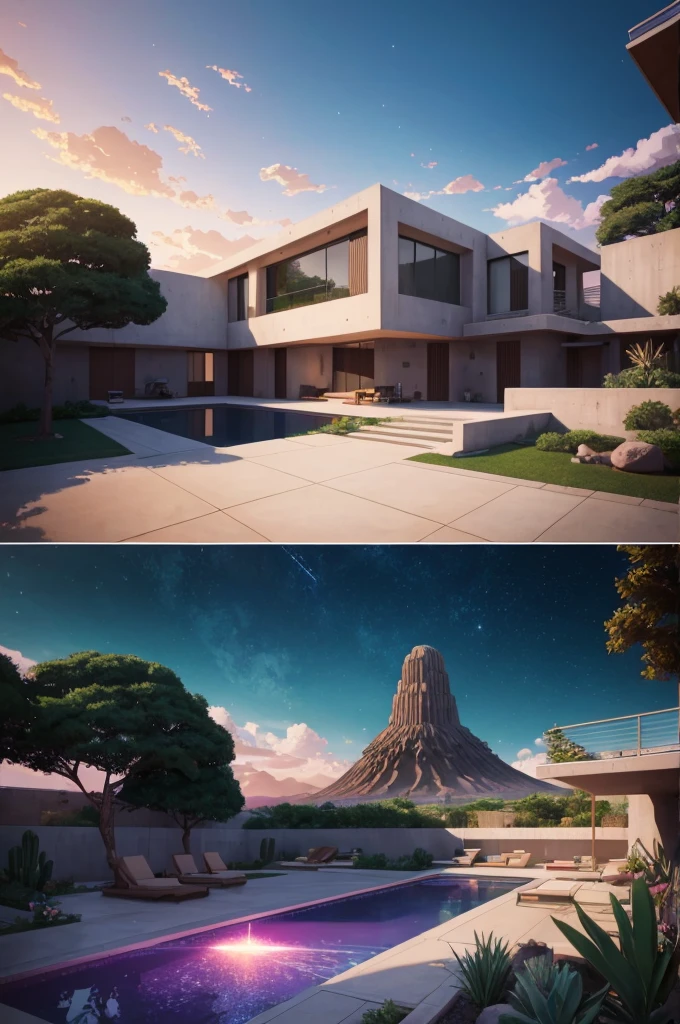 anime (best-quality:0.8), (best-quality:0.8), perfect anime illustration, we've been trying to reach you about your cars extended warranty, An illustration in collage style, with giant boulders, brutalist building sections, terraces, stairs, cacti, agave, concrete texture, multiple geometric shapes, hatch and cross hatching, planet saturn, volcano, moon, Luis Barragán's architectural style build, milky way galaxy, violet, one motorcycle, An illustration in collage style, with giant boulders, brutalist building sections, stairs, cacti, agave, concrete texture, multiple geometric shapes, hatch and cross hatching, planet saturn, volcano, moon, Luis Barragán's architectural style build, reflective pool, terraces. An elegant and modern build, in top of big boulders, with terraces, materials concrete, wood, steel and crystal, various gardens with tropical vegetation, cacti and rocks, stairs, a pool. In middle of sea, a big wave near, sunset, mountains and a volcano in the horizont, cute islands around, illustration format, cute color palette, detailed, masterpiece, award-winning work A 1999 Nissan GTR in Tron form r34 horizonte Lamborghini under a pink and purple sky, an anime drawing by Makoto Shinkai, trending on pixiv, magical realism, beautiful anime scene, cosmic skies. by makoto shinkai, ( ( makoto shinkai ) ), by makoto shinkai, anime background art, style of makoto shinkai